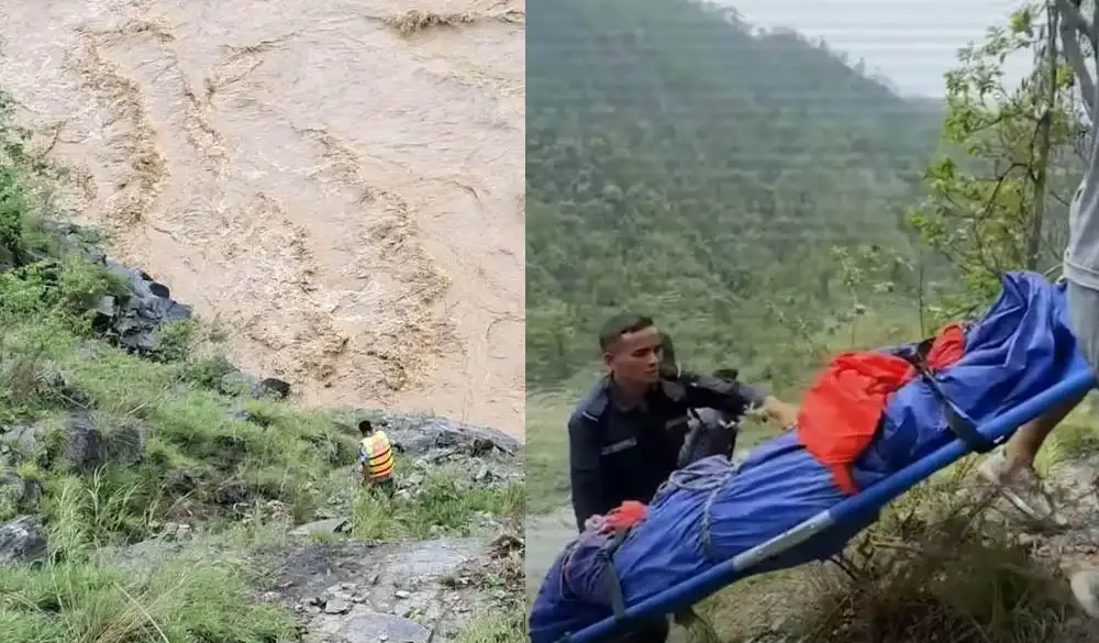 कर्णाली नदीमा खसेको फोर्स गाडी अझै बेपत्ता, एक जनाको शव फेला, चार जनाको खोजी जारी