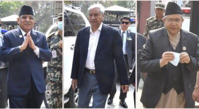 ओलीलाई भेट्न एउटै गाडी चढेर बालकोट पुगे प्रचण्ड–देउवा