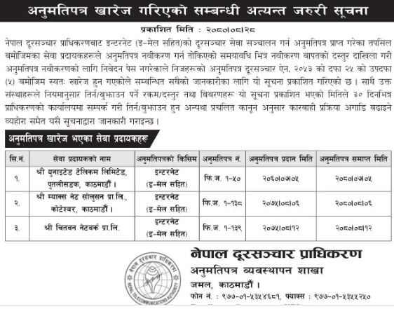 प्राधिकरणद्वारा तीन टेलिकम कम्पनीको अनुमतिपत्र खारेज