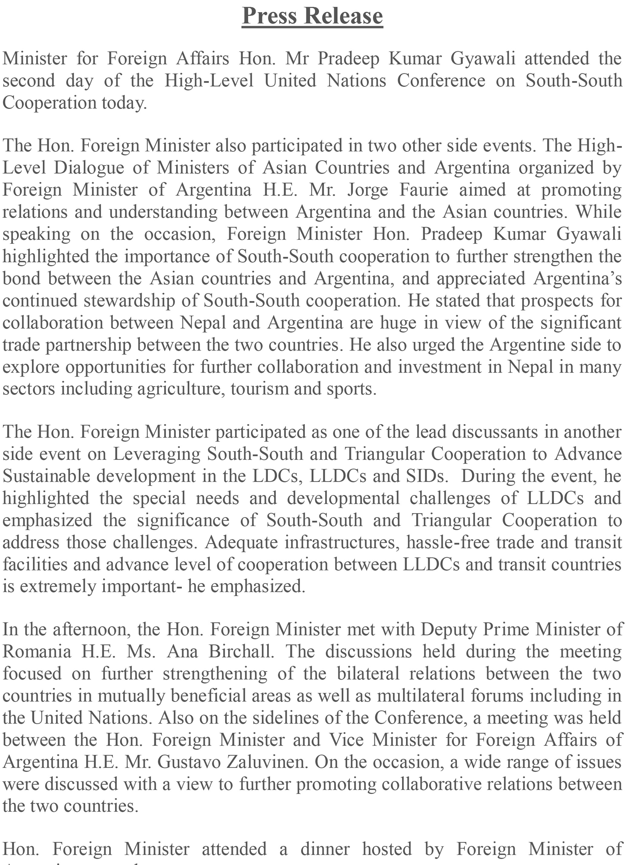 नेपालले अर्जेन्टिनासँग व्यापारिक सम्बन्धका लागि औपचारिक आग्रह गर्यो