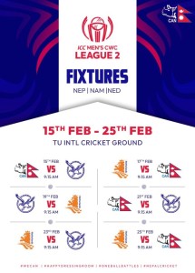 आईसीसी विश्वकप क्रिकेट लिग टुमा नेपालले पहिलो खेल नामिबियासँग खेल्ने