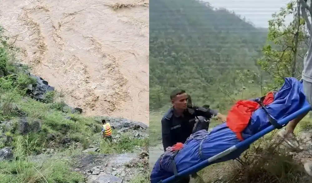 कर्णाली नदीमा खसेको फोर्स गाडी अझै बेपत्ता, एक जनाको शव फेला, चार जनाको खोजी जारी