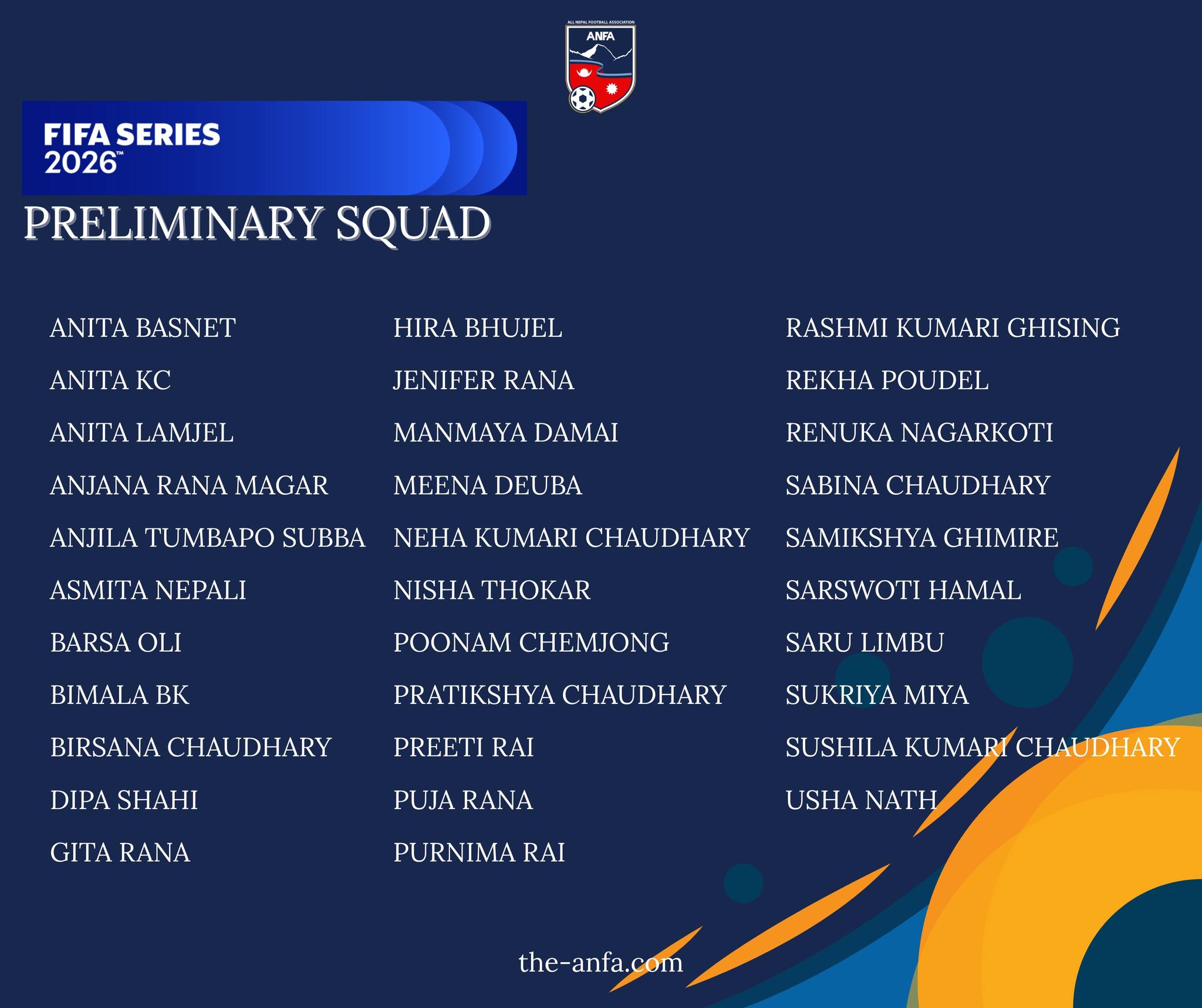 फिफा सिरिजका लागि नेपाली महिला फुटबल टोलीको प्रारम्भिक सूची घोषणा