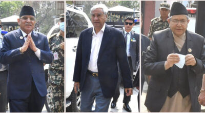 ओलीलाई भेट्न एउटै गाडी चढेर बालकोट पुगे प्रचण्ड–देउवा