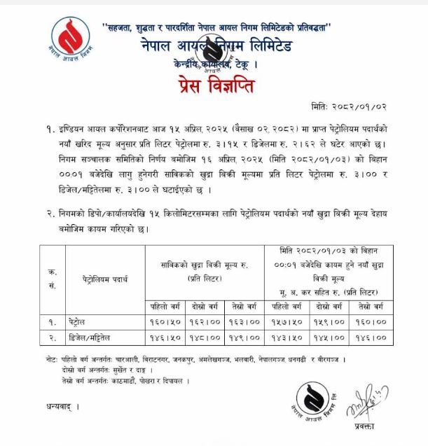पेट्रोल र डिजेलको मूल्य घट्यो
