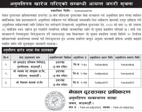 प्राधिकरणद्वारा तीन टेलिकम कम्पनीको अनुमतिपत्र खारेज